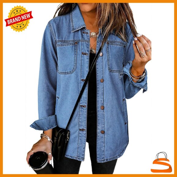 Women's Denim Jacket Button Down Shacket with Pockets Relaxed Fit